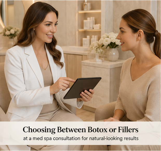 A med spa professional consulting with a client about Botox and dermal filler options