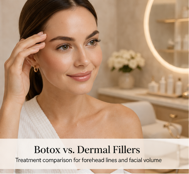 Woman touching her forehead, illustrating areas commonly treated with Botox and dermal fillers