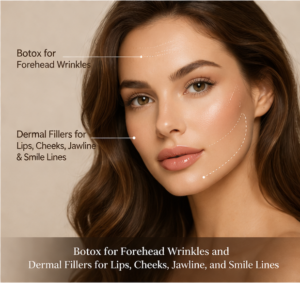 Illustration showing Botox for forehead wrinkles and dermal fillers for lips, cheeks, jawline, and smile lines