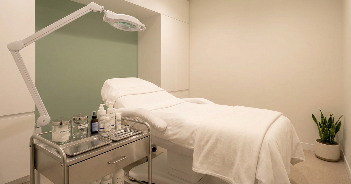 A clean, clinical med spa treatment room with professional equipment