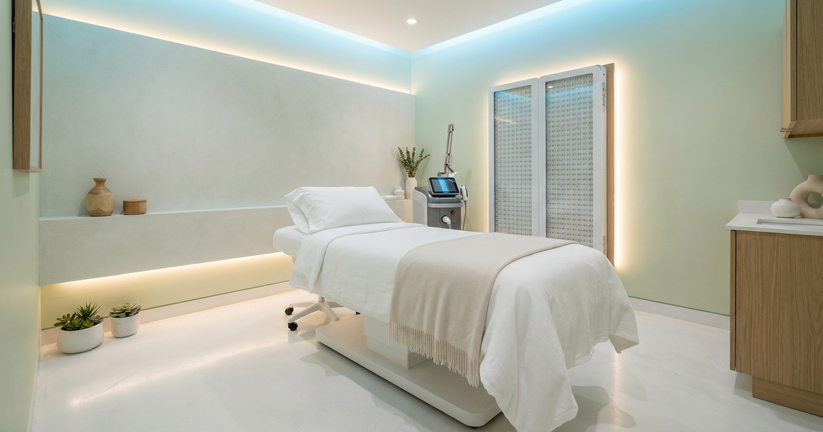 A modern med spa treatment room set up for microneedling and radiofrequency skin tightening