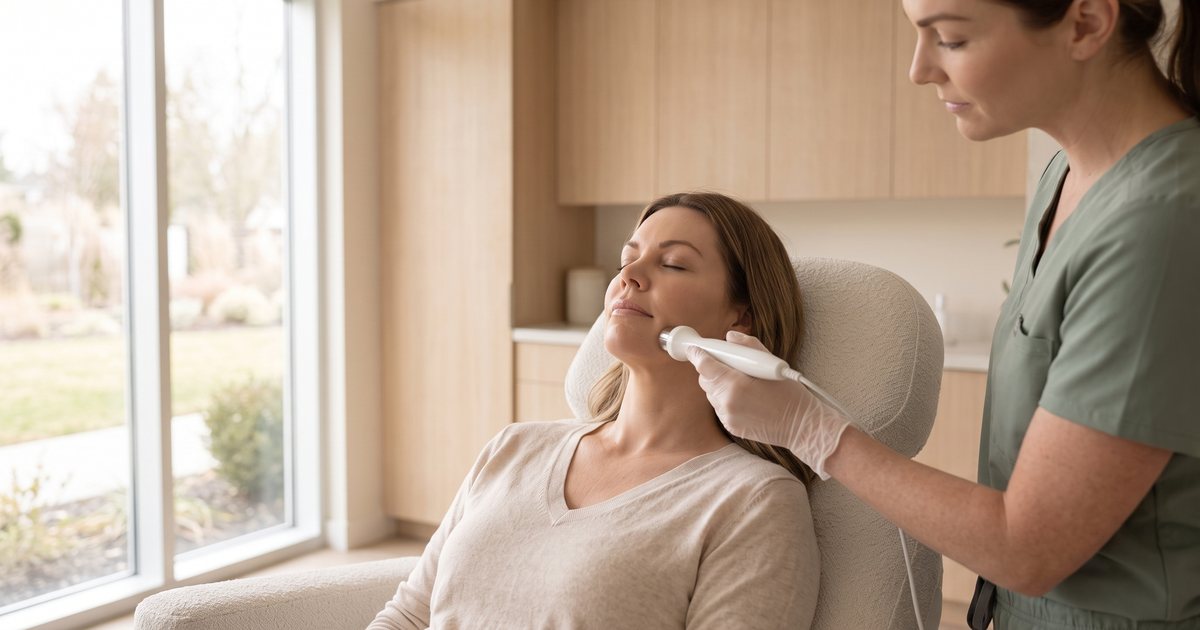 A patient receiving a non-invasive radiofrequency skin tightening treatment at a med spa