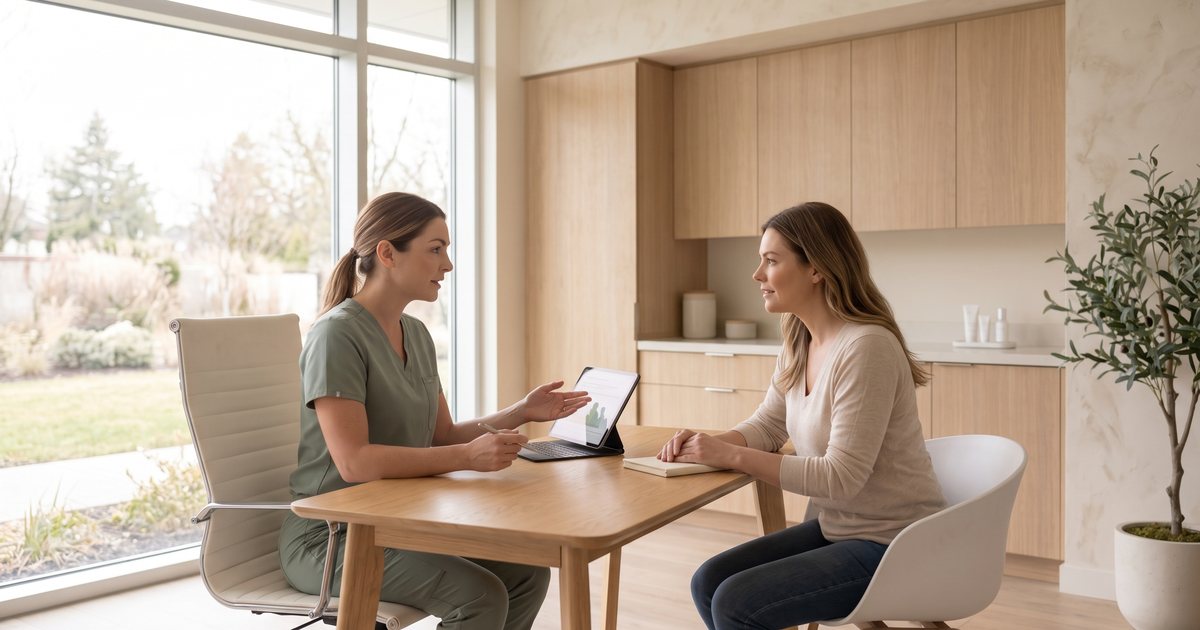 A nurse practitioner explaining peptide therapy options to a patient during a med spa consultation